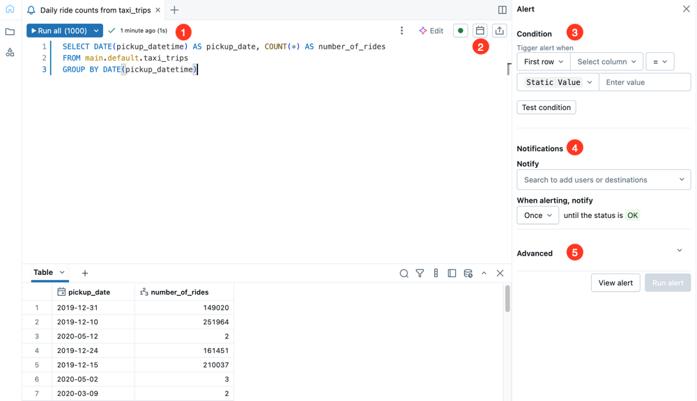 A riasztás létrehozása felhasználói felülete számozott címkékkel jelenik meg, amelyek különböző részeket azonosítanak.
