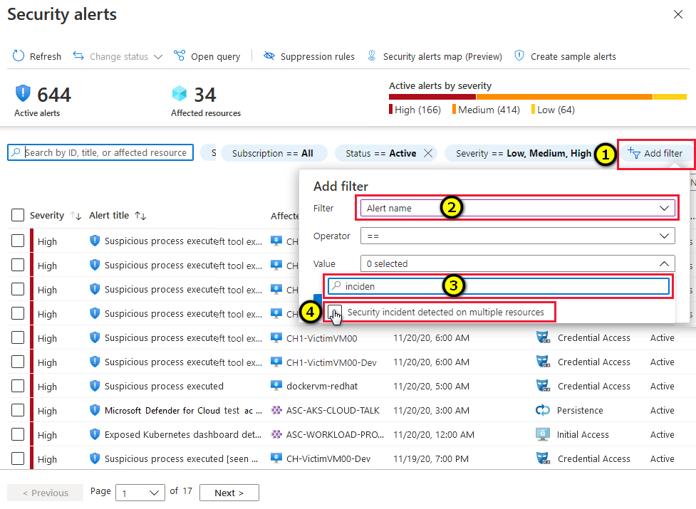 Az incidensek keresése a biztonsági riasztások oldalán a Microsoft Defender for Cloudban.