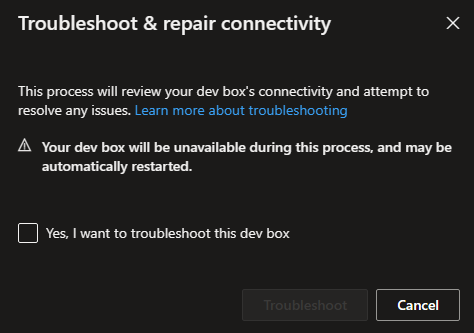 Screenshot showing the Troubleshoot and repair tool in the Microsoft developer portal.