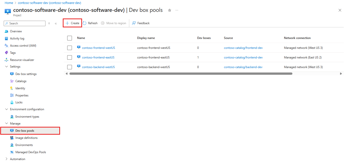 Screenshot of an empty list of dev box pools within a project, along with selections to start creating a pool.