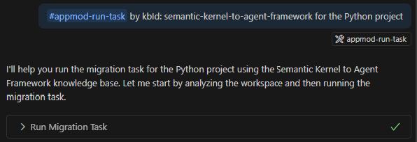 Képernyőkép a Visual Studio Code-ról, amely a GitHub Copilot alkalmazáskorszerűsítési csevegőablakát mutatja, és az áttelepítési feladatot az appmod-run-task eszközzel hívjuk meg.