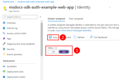 Képernyőkép egy Azure-erőforrás felügyelt identitásának engedélyezéséről az erőforrás Identitás lapján.
