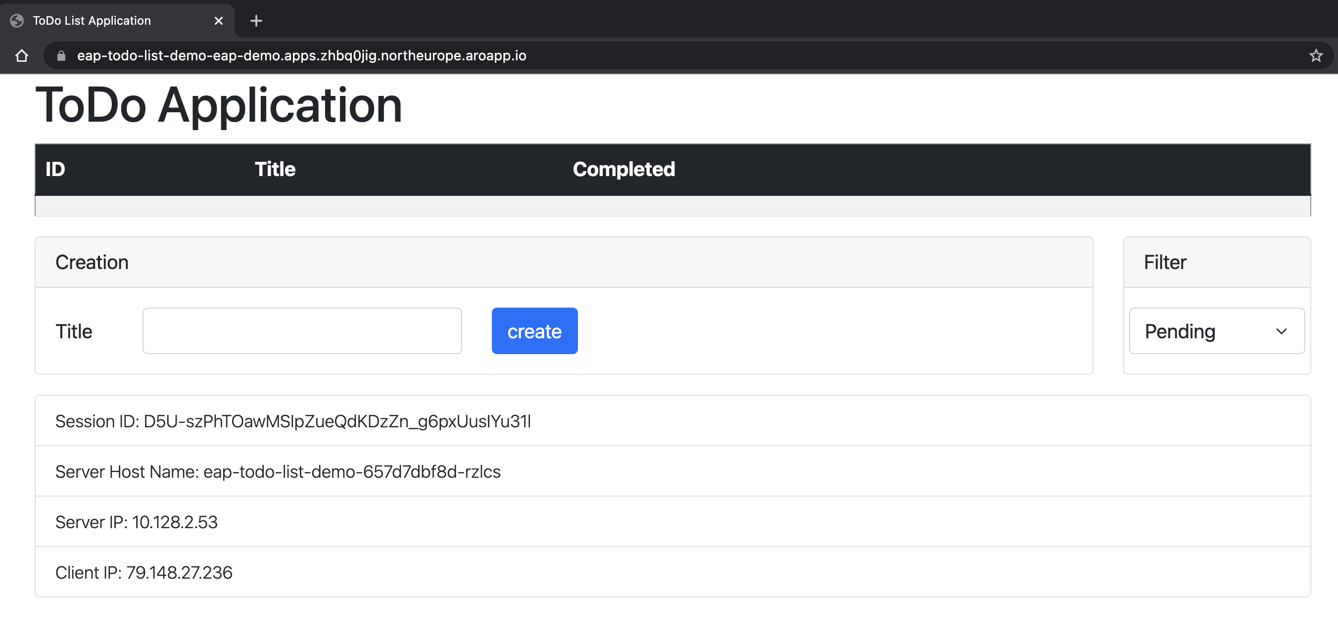 Képernyőkép az OpenShift-alkalmazás futásáról.
