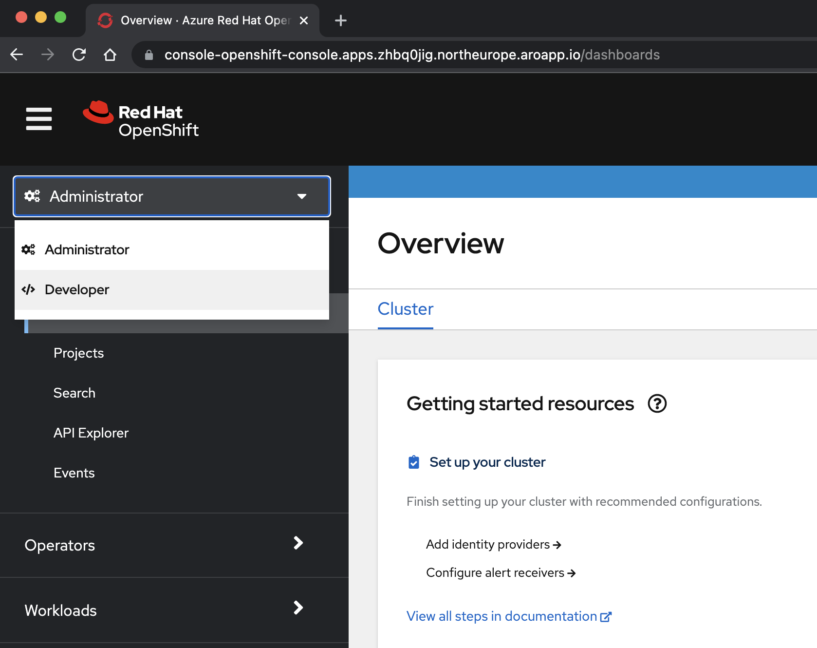 Képernyőkép az OpenShift konzol fejlesztői nézetéről.