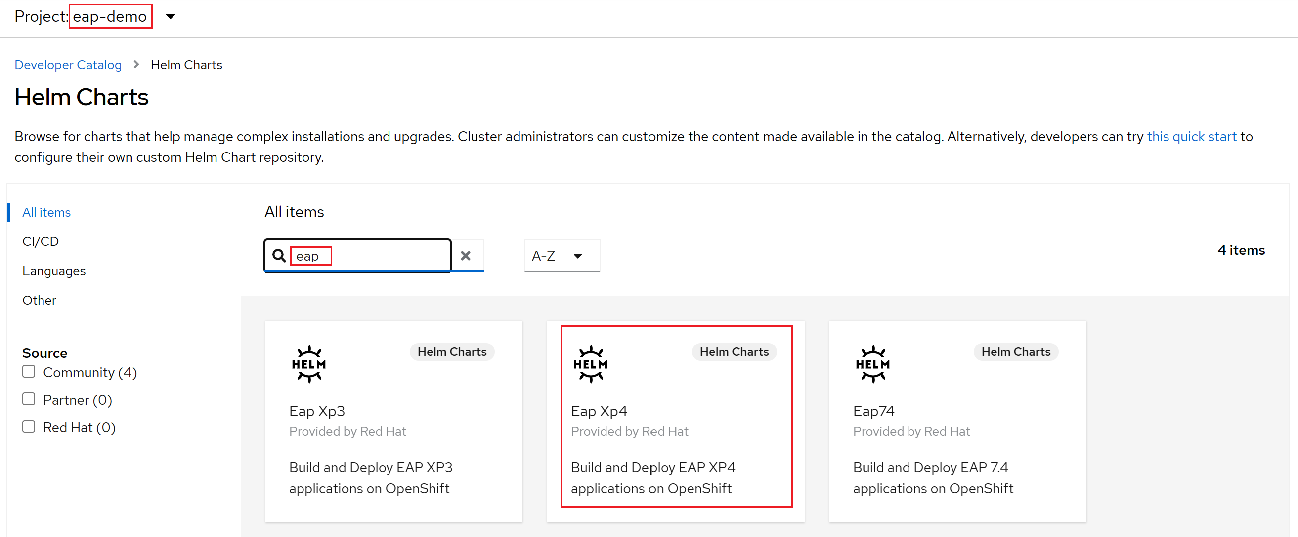 Képernyőkép az OpenShift-konzol EAP Helm-diagramjairól.