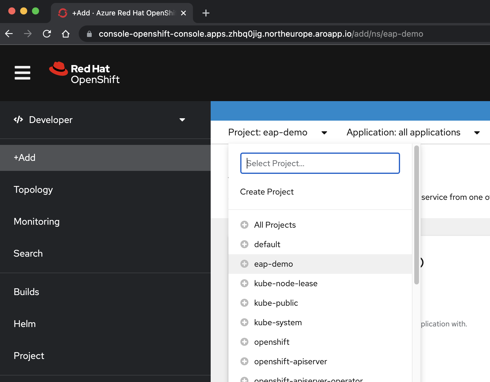 Képernyőkép az OpenShift konzol projekt kombinált mezőjéről.