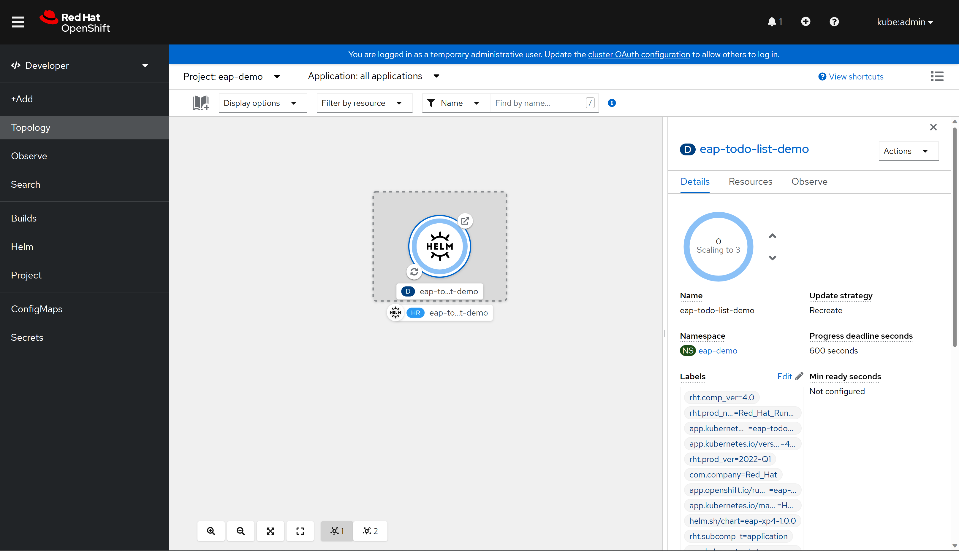 Képernyőkép az OpenShift konzol topológiájáról.