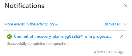 Képernyőkép az Azure Portal Értesítések paneljéről, amelyen a feladatátvételi véglegesítés befejeződött.