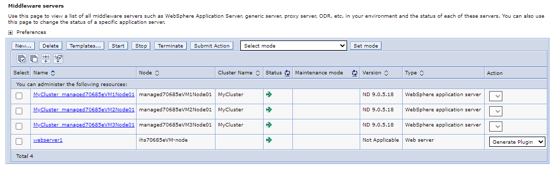 Képernyőkép a Köztes szoftverkiszolgálók lapját megjelenítő Dmgr WebSphere integrált megoldáskonzolról.