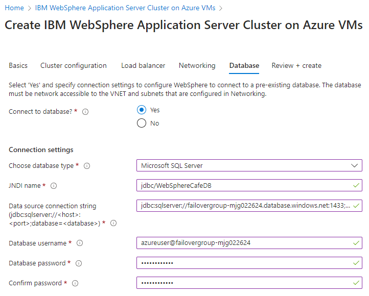 Képernyőkép az Azure Portalról, amely az IBM WebSphere Alkalmazáskiszolgáló-fürtöt jeleníti meg az Azure-beli virtuális gépek adatbázisának paneljén.