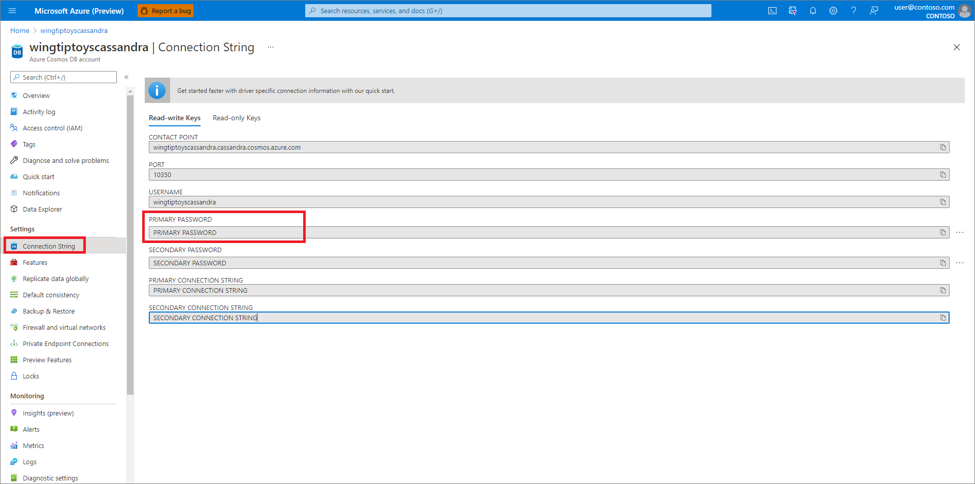 Retrieve your Azure Cosmos DB connection settings.