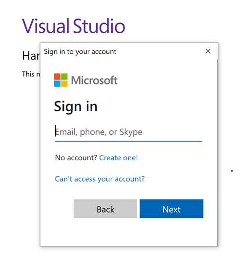 Képernyőkép a Visual Studio bejelentkezési párbeszédpaneljétől.