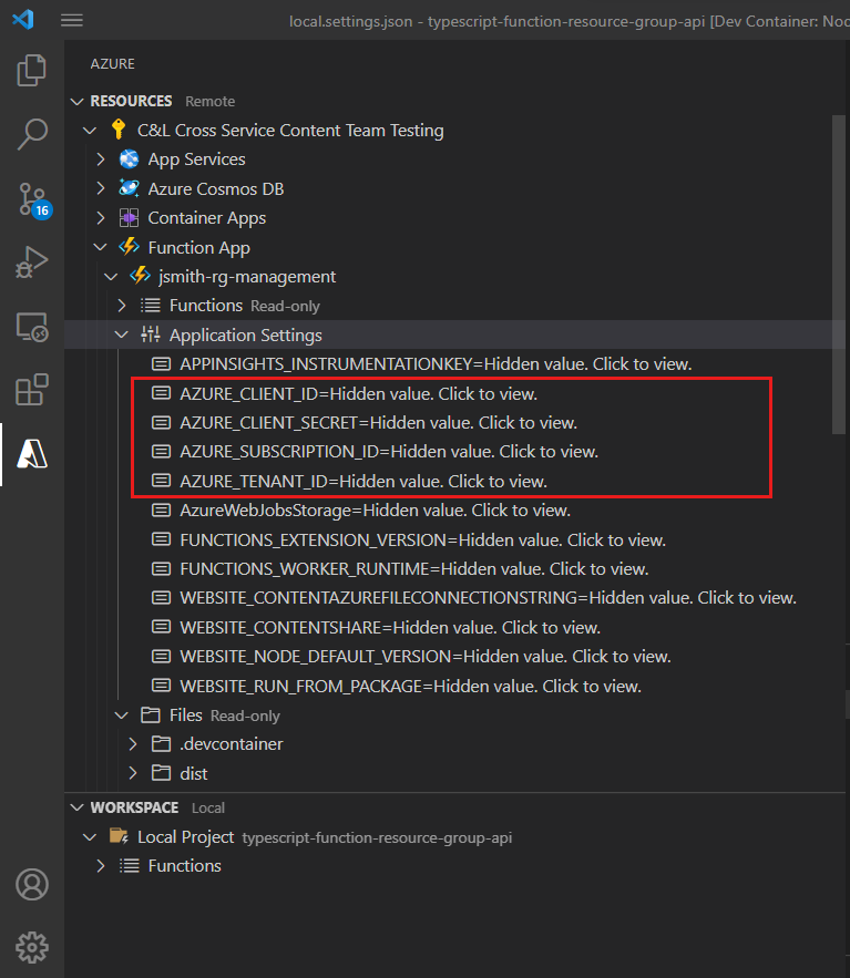 Részleges képernyőkép a Visual Studio Code Azure Exploreréről, amelyen a távoli/felhőbeli függvény alkalmazásbeállításai láthatók.