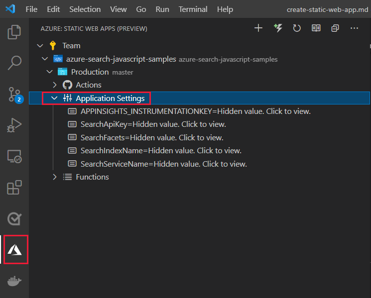 VSCode-bővítmény képernyőképe: Az Éles környezet alatt, majd az Alkalmazásbeállításoknál.