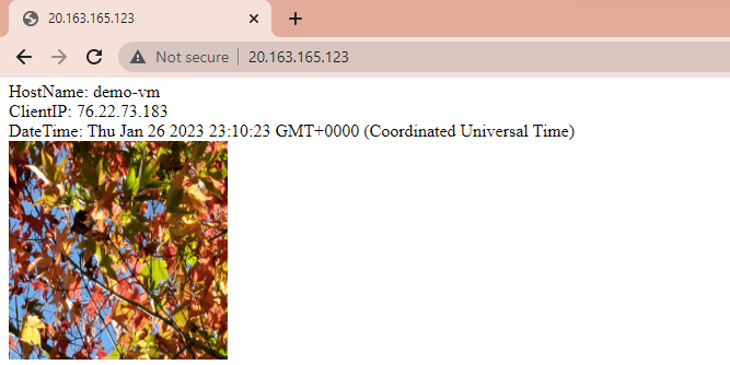Képernyőkép a webböngészőről, amelyen az Azure-beli Linus virtuális gépről kiszolgált egyszerű alkalmazás látható.