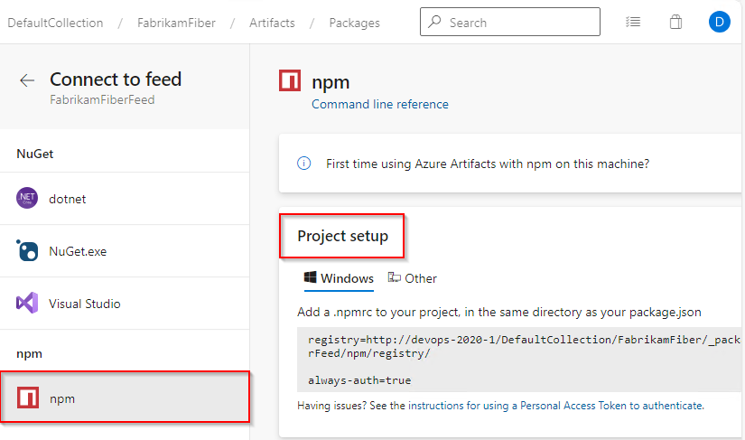 Képernyőkép egy npm-projekt beállításáról és az Azure Artifacts-hírcsatornához való csatlakozásról az Azure DevOps Server 2020-ban.
