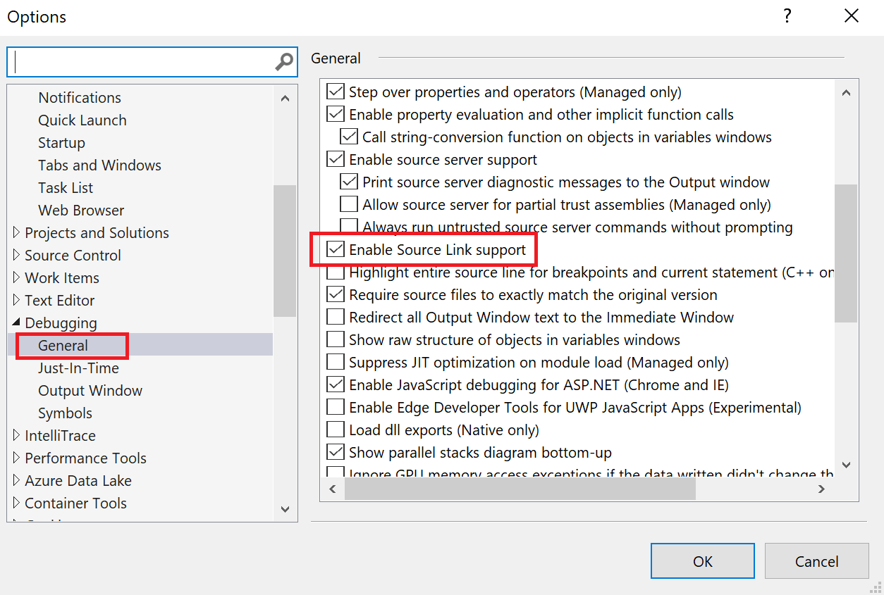 Képernyőkép arról, hogyan engedélyezheti a forráshivatkozások támogatását a Visual Studióban.