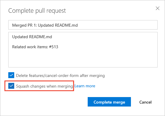 Képernyőkép mutatja a Lekéréses kérelem lezárása párbeszédpanelt; jelölje be az összevonás-egyesítés négyzetet.