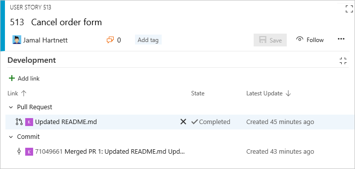 Képernyőkép a feladat űrlapjáról a Fejlesztési szakaszban található hivatkozásokkal.