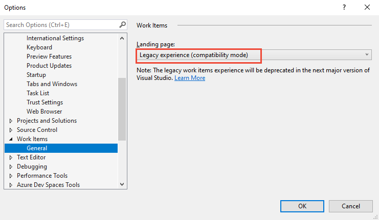 Képernyőkép a Visual Studio Beállításai párbeszédpanelről, a Munkaelemek és az Általános lapról.