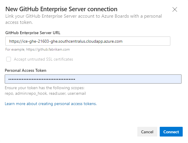 Képernyőkép az Új GitHub Enterprise-kapcsolatról, a Személyes hozzáférési jogkivonat-kapcsolat párbeszédpanelről.