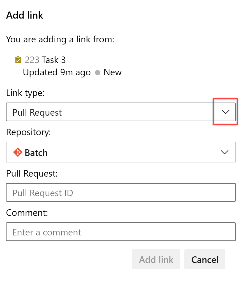 Képernyőkép a munkaelem űrlapról, a Hivatkozások lapról, a Probléma hivatkozásának hozzáadása lapról.