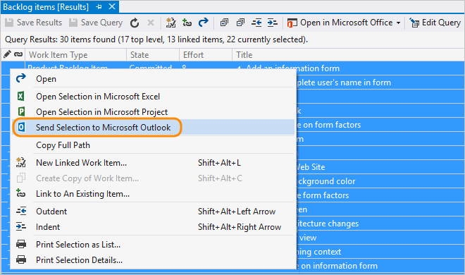 Képernyőkép a Visual Studio lekérdezési eredménylistájából kiválasztott e-mail elemekről.