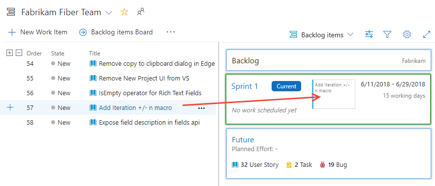 Boards>Backlogs>Drag-drop items to sprint