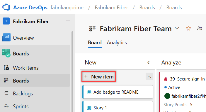 Képernyőkép a kiemelt Új elem gombról egy munkaelem létrehozásához.