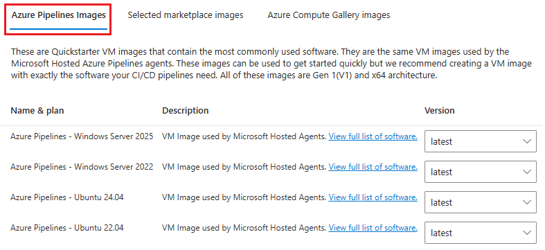 Képernyőkép az Azure Pipelines-rendszerképekről.