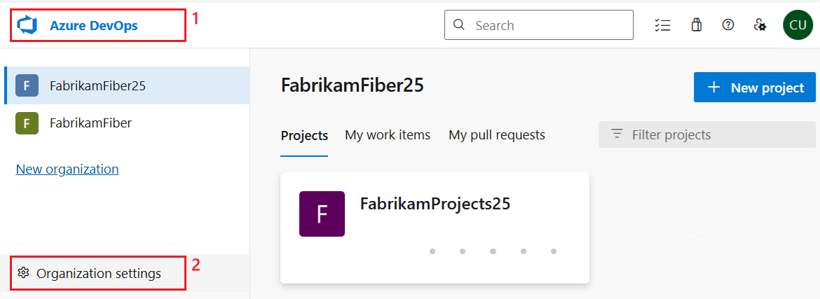 Képernyőkép arról, hogyan nyithatja meg a Szervezeti beállítások lapot az Azure DevOpsban a termékikon kiválasztásával.