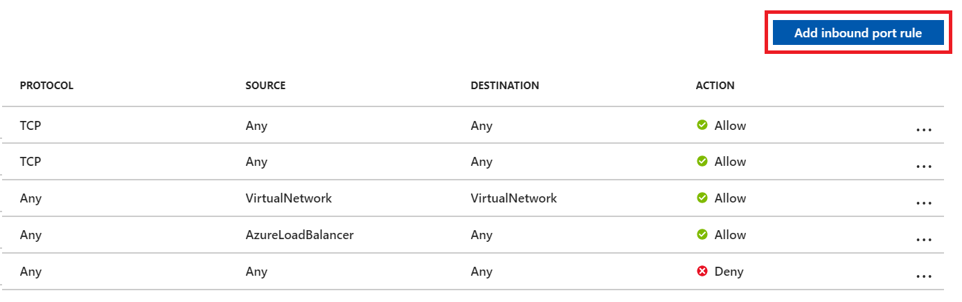 Képernyőkép az SQL Azure-beli virtuálisgép-hálózati adapter oldalán található Bejövő portszabály hozzáadása gombról.