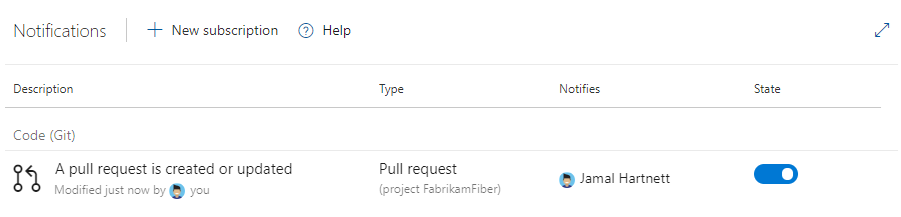 Képernyőkép az új előfizetésről az Azure DevOps személyes értesítési előfizetéseinek listájában.