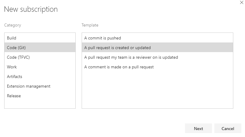 Képernyőkép az eseménykategória és a sablonlap kiválasztásáról.