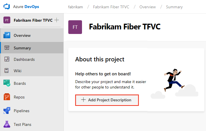 Képernyőkép az üdvözlőlapról, az új TFVC-projektről, a readme létrehozásáról.