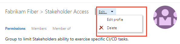 Képernyőkép az Open Edit csoportprofilról, házon belüli verziók.