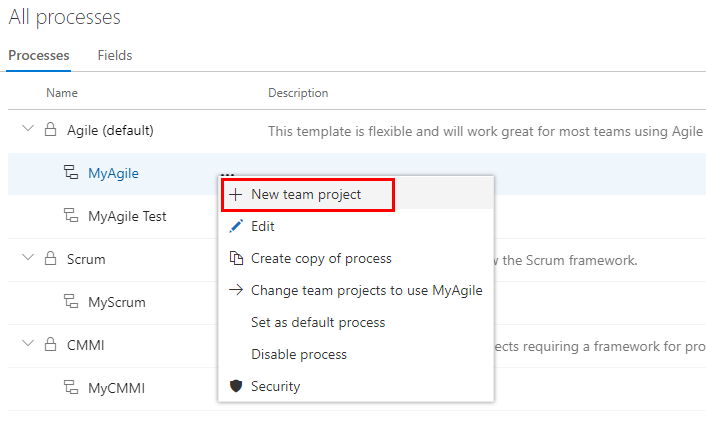 Képernyőkép: Projekt létrehozása a kiválasztott folyamatból, Azure DevOps Server 2019.