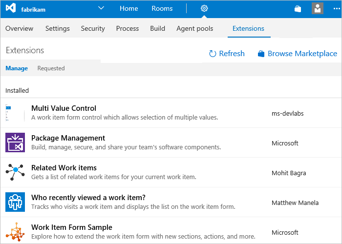 Képernyőkép a Szervezeti beállítások, Bővítmények lapról.