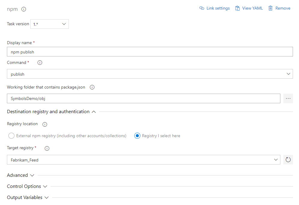 Képernyőkép arról, hogyan konfigurálhatja az npm-feladatot csomagok Azure Artifacts-csatornán való közzétételére.