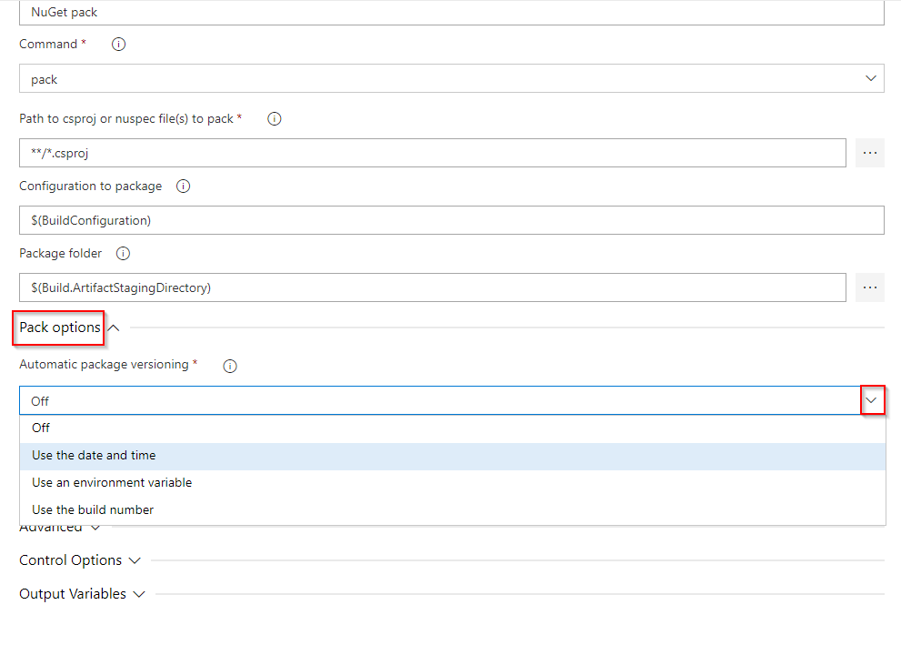 Képernyőkép a csomagok verziószámozásának engedélyezéséről a NuGet-feladatban.