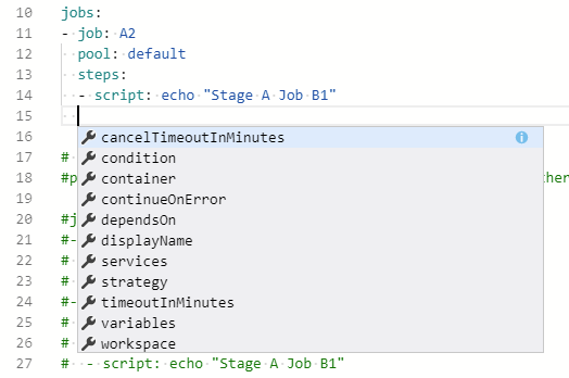 YAML-folyamatszerkesztő intellisense.