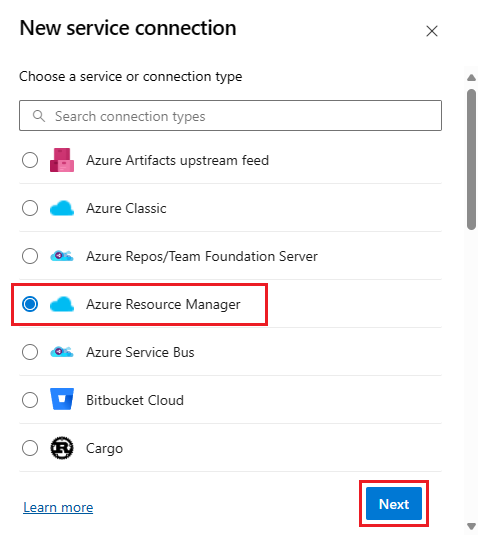Képernyőkép az Azure Resource Manager szolgáltatás kapcsolatának kiválasztásáról.
