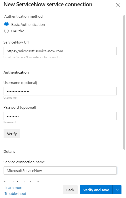 Képernyőkép a ServiceNow szolgáltatáskapcsolat konfigurálásáról.