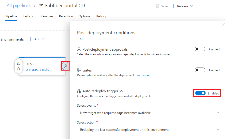 Képernyőkép az automatikus újratelepítési eseményindító engedélyezéséről.