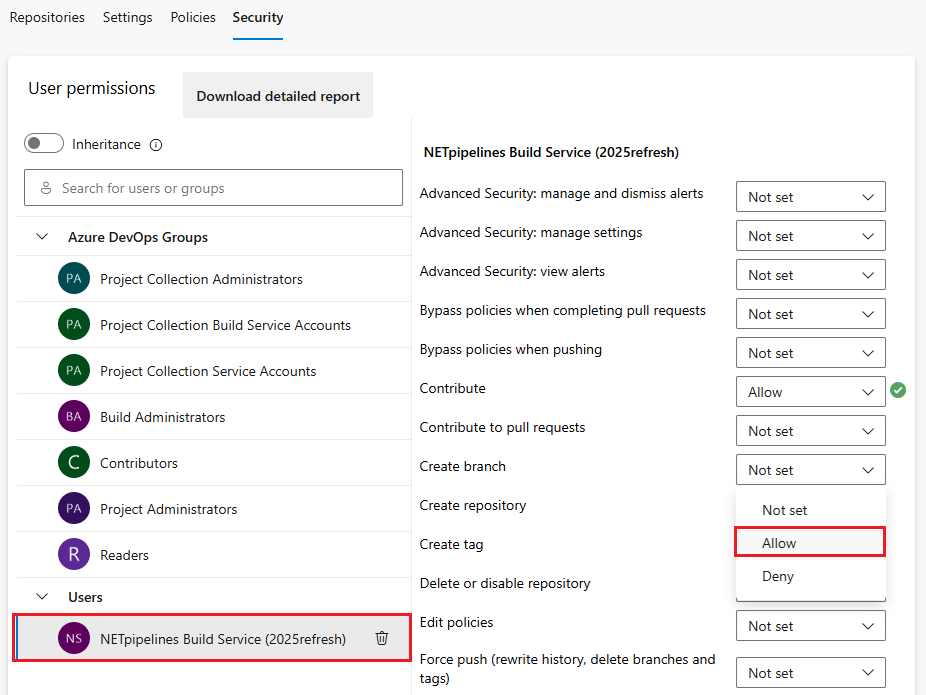 Képernyőkép az adattárak identitásengedélyeinek megadásáról. 
