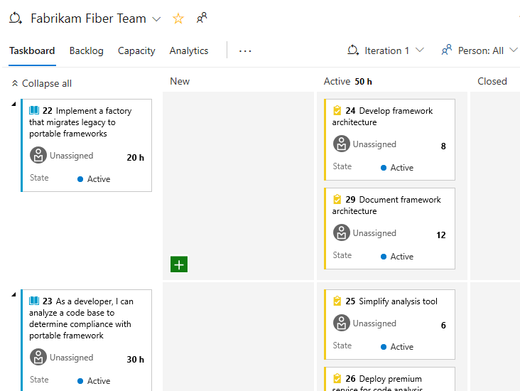 A Sprint Taskboard megjeleníti a hátralévő munka összesítését