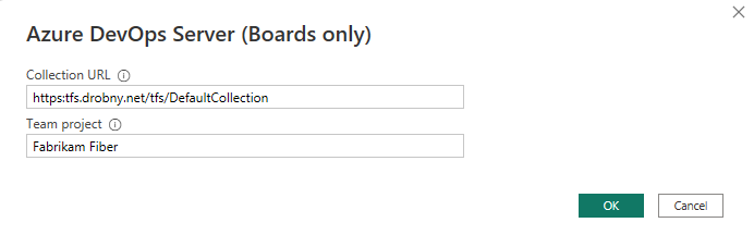 Képernyőkép a Power BI-ról, párbeszédpanel az Azure DevOps-projektgyűjtemény és a projektnév megadásához.