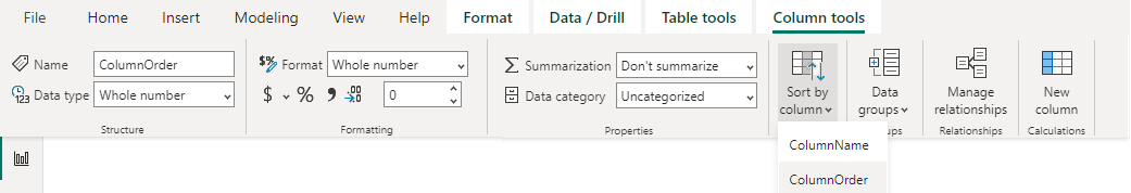 Képernyőkép a Power BI oszlopeszközökről, a Rendezés oszlop szerint beállításról.