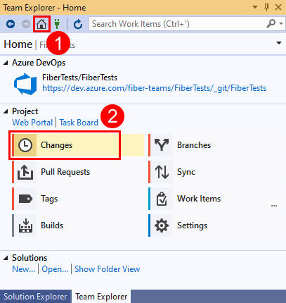 Képernyőkép a Visual Studio 2019 Team Explorer Változások lehetőségéről.