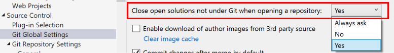 Képernyőkép arról, hogy a Megnyitott megoldások bezárása nem a Git alatt, amikor megnyit egy adattárbeállítást a Visual Studio Beállítások párbeszédpaneljén.